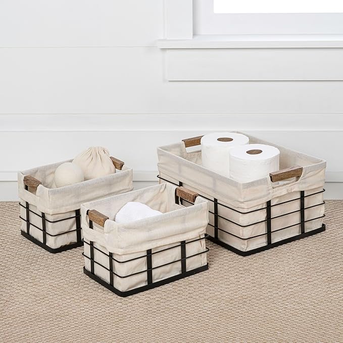 happimess BSK3002A-3SET Callan Vintage Industrial Wire Metal Nesting Storage Baskets with Wood Handles and Fabric Liner for Shelves, Cabinets, Pantry, Countertop, Mesh Open Bin, Black (Set of 3)