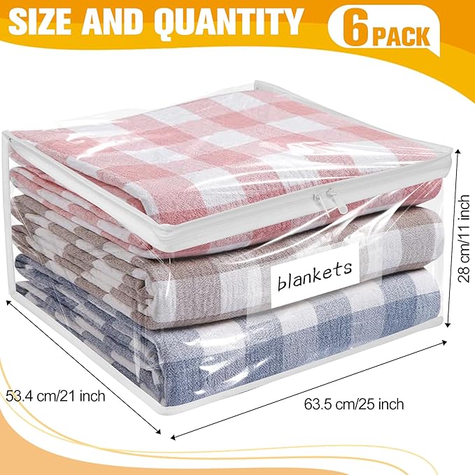 Plastic Storage Bags with Easy-Glide Zipper, Pack of 6, Durable Clear Vinyl Zippered Storage Bags for Clothes Sweaters Comforters Blankets Sheets Bedding (25 x 21 x 11 Inch)
