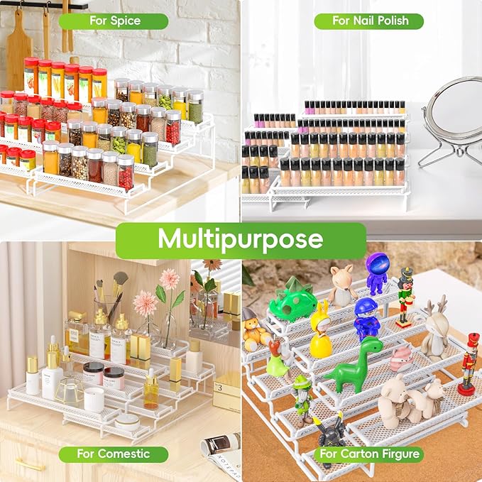 4 Tier Adjustable Spice Rack Organizer for Cabinet - White (2 PCS S&L) Expandable Spice Shelf with Protection Railing for Inside Cabinets, Countertop, Pantry Storage & Seasoning Organization