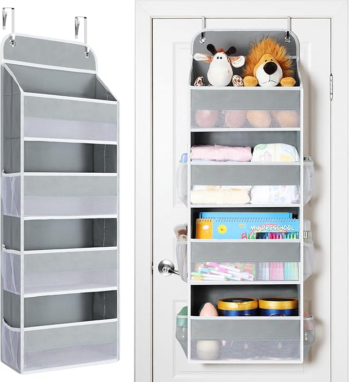 Yecaye Over The Door Organizer, Heavy Duty Hanging Organizers and Storage with 4 Large Capacity Pockets, Swing-Proof Behind The Door Storage for Bathroom Nursery Bedroom Dorm Closet, Grey