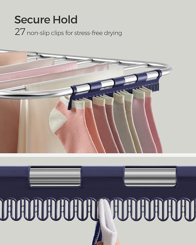 SONGMICS Clothes Drying Rack, with Sock Clips, Metal Laundry Rack, Foldable, Space-Saving, Free-Standing Airer, with 2 Height-Adjustable Gullwings, Indoor Outdoor Use, Silver and Blue ULLR52BU