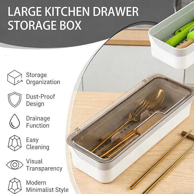Large Kitchen Drawer Organizer with Lid, 12.6 Inch，Stackable Utensil Holder with Drainer for Silverware & Cooking Tools, Countertop or Drawer Storage Tray