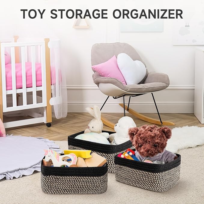 3-Pack Storage Baskets for Organizing | Woven Shelf Toy Basket | Rope Baskets for Gifts Empty | Closet Organizer Bins with Handles | Cube Decorative Box | 13.7×7.1×6.7” | Black Brown