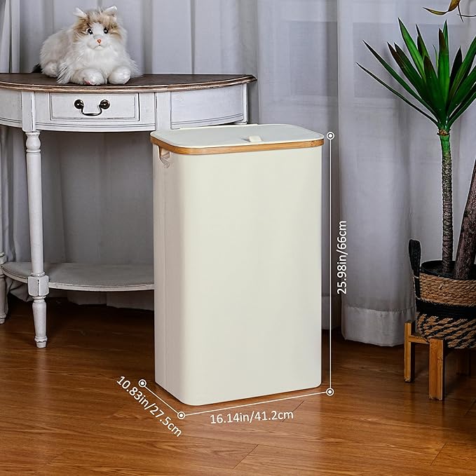Slim Laundry Hamper,75L Beige Narrow Laundry Basket with Lid,Foldable Clothes Hamper with Bamboo Handles,Hamper Basket with Removable Inner Bag for Laundry Room Bedroom College Dorm