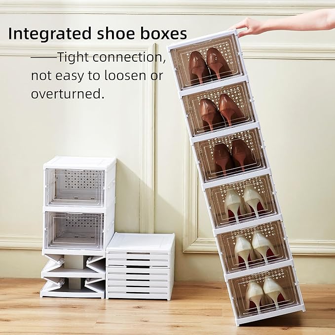 Shoe Storage Box, No-Assembly 6 Tiers Foldable Shoe Organizer with Clear Door, Space-saving Shoe Rack，Sturdy Clear Plastic Stackable Sneaker Container