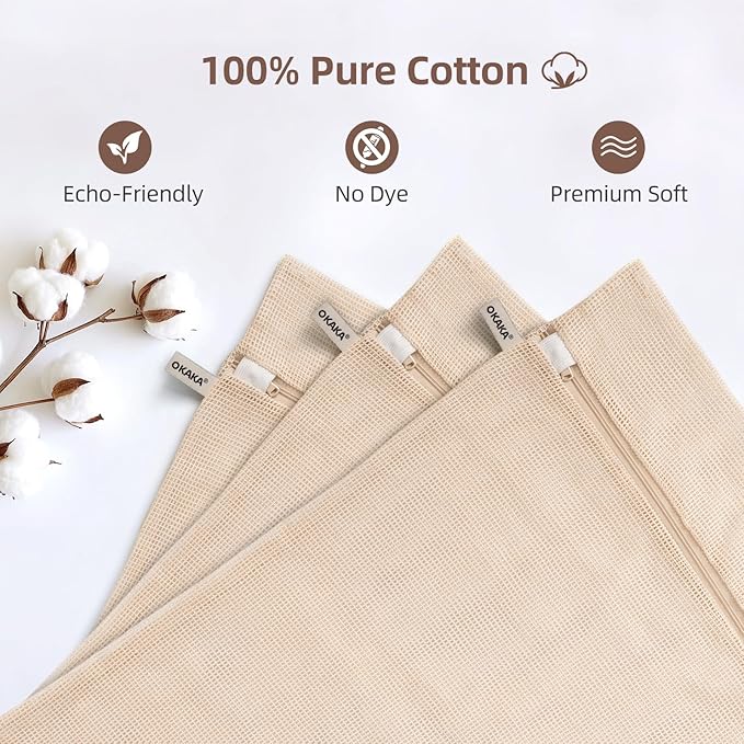 100% Pure Cotton Mesh Laundry Bags, Premium Soft, No Dye, Natual,Set of 3(XXL)