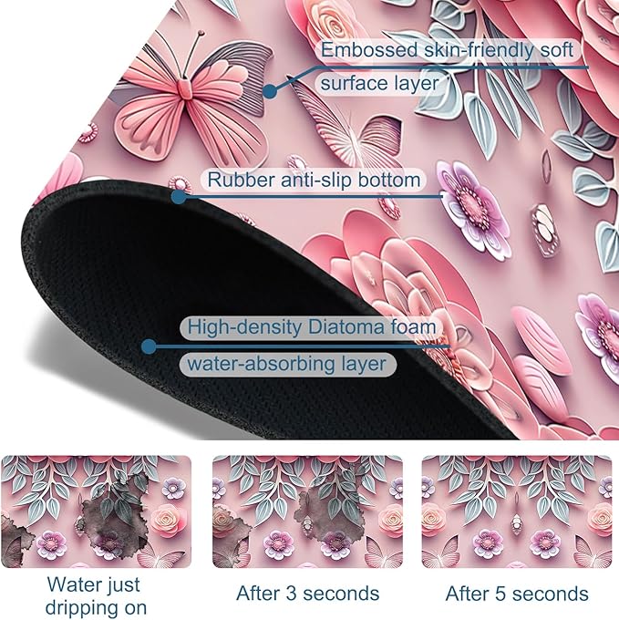 Pink Floral Sink Faucet Absorbing Mat Flower Butterfly Super Absorbent Fast Drying Mat Sink Gadgets Behind Faucet Sinkmat for Kitchen Bathroom, 15.5"x5.5"