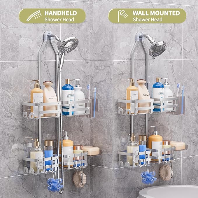Aluminum Shower Caddy Hanging, Never Rust Shower Organizer- 4 Levels with adjustable Height 10 Hooks for Razor/Sponge - Rack with Soap Basket (Silver)