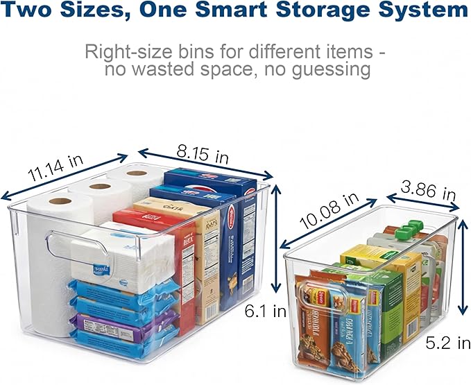 MOONEDGE 4 Pack Modular Clear Plastic Storage Organizer Bins – 2 Large & 2 Narrow, Nestable Space-Saving System for Pantry & Kitchen Storage, Fridge, Bathroom & Cabinet