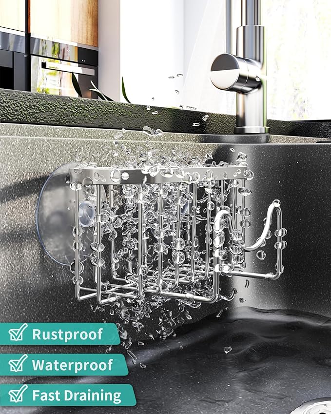 HapiRm Multifunctional Adhesive Kitchen Sink Organizer with M-Shaped, 2 Installation Methods Kitchen Sponge Holder, Rustproof Sponge Caddy for Brush, Sink Stopper and Scraper -Silver