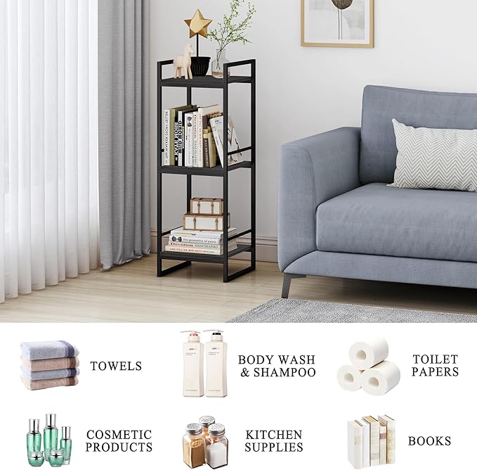 BYFU 3 Tier Bathroom Storage Open Shelf, Freestanding Metal Corner Storage Rack Shelving Unit for Bathroom Kitchen Living Room Hallway, Black