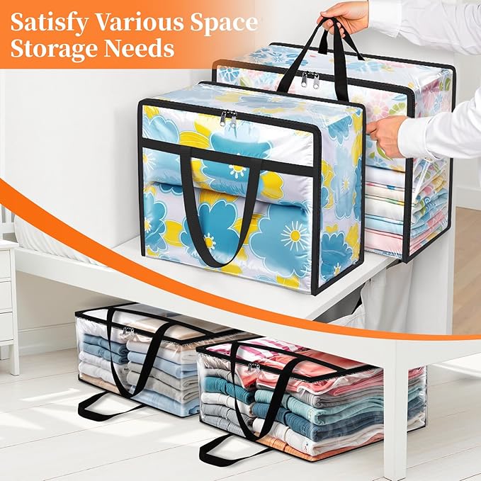 Clear Clothes Storage Bags, 4 Pack Closet Organizers and Under Bed Storage Containers, Foldable Moving Bags with Zippers for Comforter, Blanket, Bedding, Duvet, PVC Packing Bags 90L