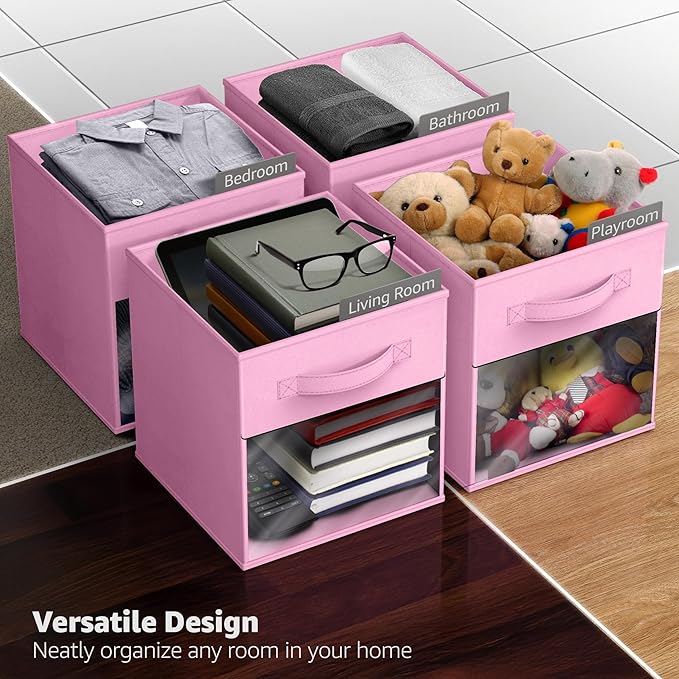 Sorbus 11 Inch Storage Bins with Clear Window - 6 Foldable Baskets for Organizing Clothes, Toys, Books - Sturdy Collapsible Fabric Storage Cubes with Handle - Storage Baskets for Shelves, Closets