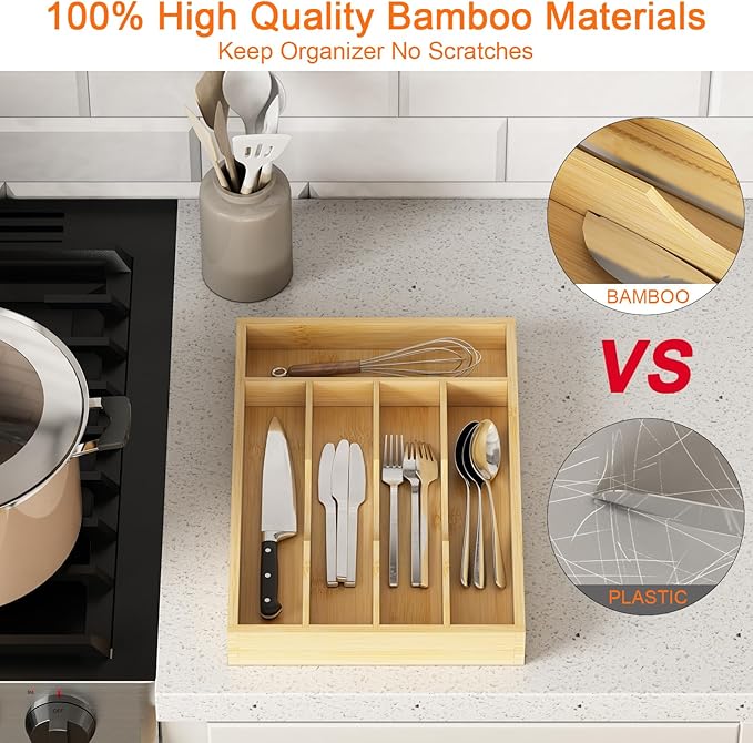 Bamboo Utensil Organizer for Kitchen Drawers, Utensil Tray and Cutlery Silverware Holder,Wood Drawer Dividers with 5 Slots