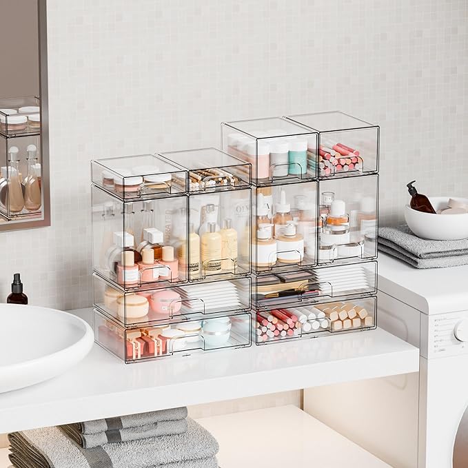 Yieach 12.1''W Clear Stackable Storage Drawers,4Pcs Acrylic Drawer Organizer for Hair Accessories,Makeup Organizers,Plastic Office Supply Organizer for Pen,Pencil,Medicine,Accessory,Craft Organization