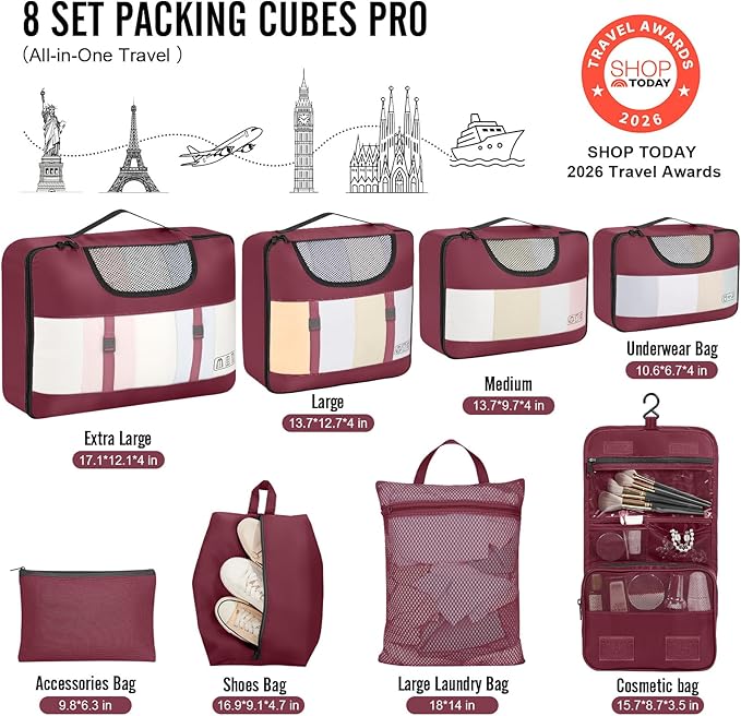Veken 8 Set Packing Cubes for Travel Essentials, Christmas Gifts, Suitcase Organizer Bags in 4 Sizes, Carry-On Luggage Accessories with Large Laundry & Hanging Toiletry Bag, Must-Have for Airplane