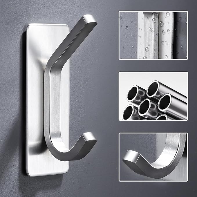 DELITON Adhesive Towel Hooks for Bathroom - 4 Pack Heavy Duty Stick on Wall Hooks, Waterproof Robe/Coat Hangers for Kitchen, Shower (Silver, Stainless Steel)