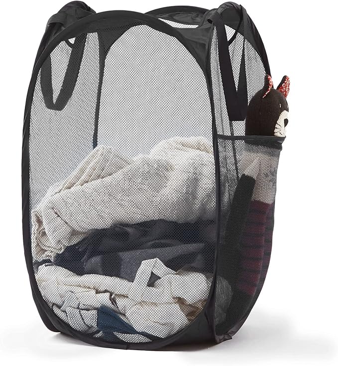 Collapsible Mesh Pop Up Laundry Hamper with Sturdy Handles and Side Pocket - Portable Foldable Clothes Baskets for Dorm, Bathroom & Travel Storage (Black)