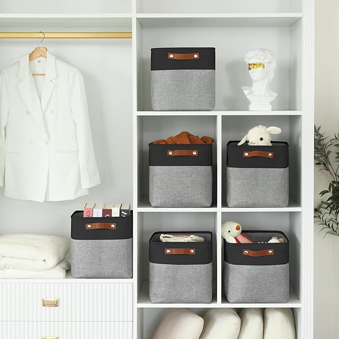 6-Pack Foldable Fabric Storage Cubes 11x11 Inch, Sturdy Cube Organizer Bins with Leather Handles, Storage Baskets for Closet Shelves and Home Organization(Black/Gray)
