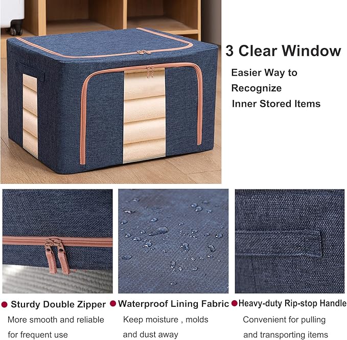 SWEERI Large Storage Bags,Foldable Storage Bins with Hold Shape Metal Frame,Closet Organizer Containers with Zipper,Clear Window,Thick Fabric for Seasonal Clothing,Bedding (66L x 3 Pack)