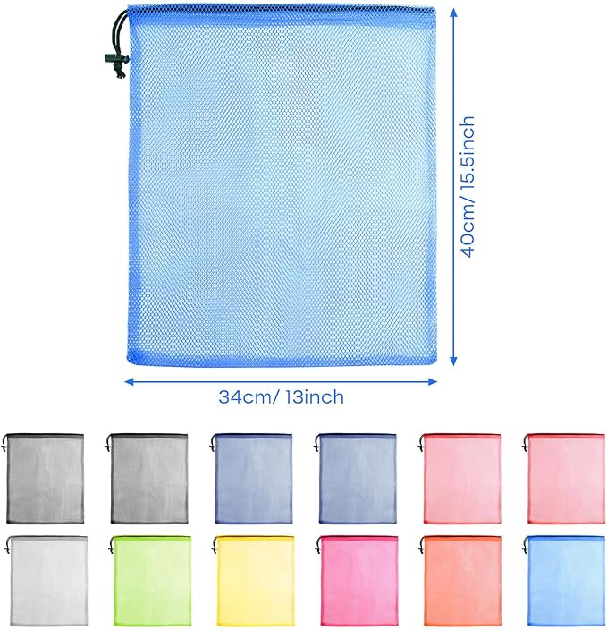 PLULON 15 Pcs Mesh Bag Drawstring Mesh Laundry Bags, 13 x 15.5 Inch Nylon Drawstring Bag for Pool Beach Ball Toys Storage Bag for Collecting Travel Sports Gym (Multicolor)