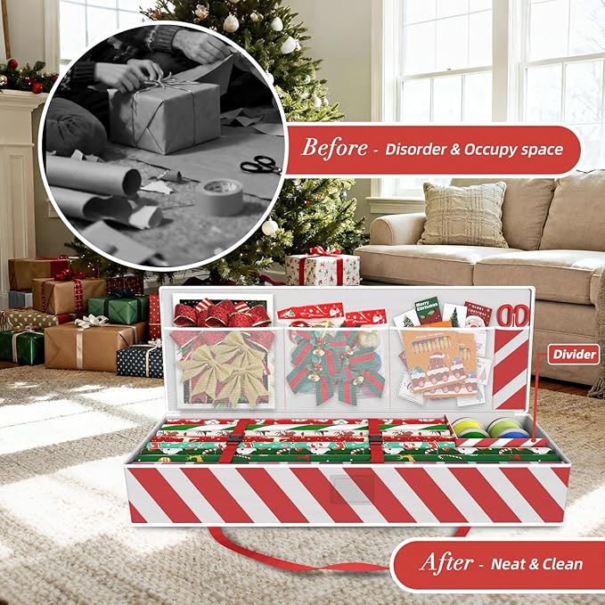 Safana Wrapping Paper Organizer Storage Bag, 42" Durable 600d Oxford Wrapping Organizer Box Under Bed Storage Containers for Decorations Paper Rolls, Ribbons, Balls, Bows (Red Stripe)