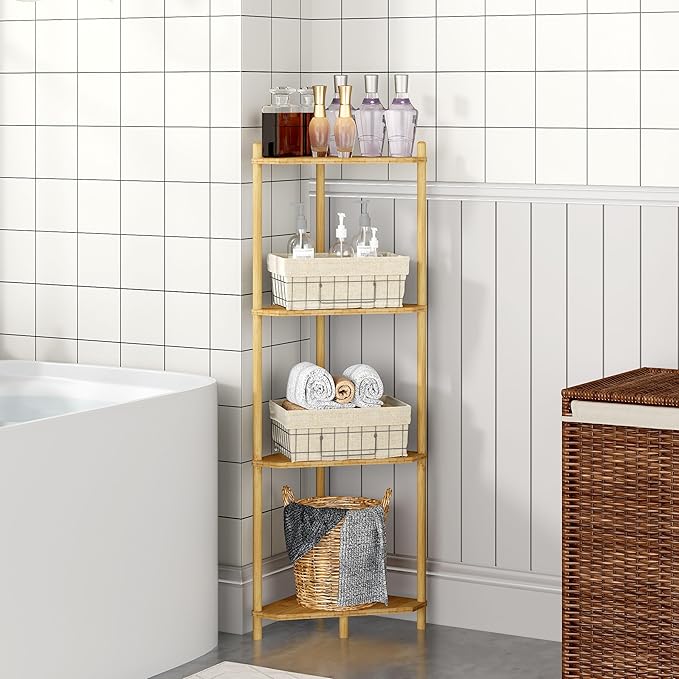 Corner Shelf Stand - 4 Tier Bamboo Small Corner Bookshelf for Office Kitchen Bedroom Plant Stand Living Room Decor Small Space (Natural, 4 Tier)