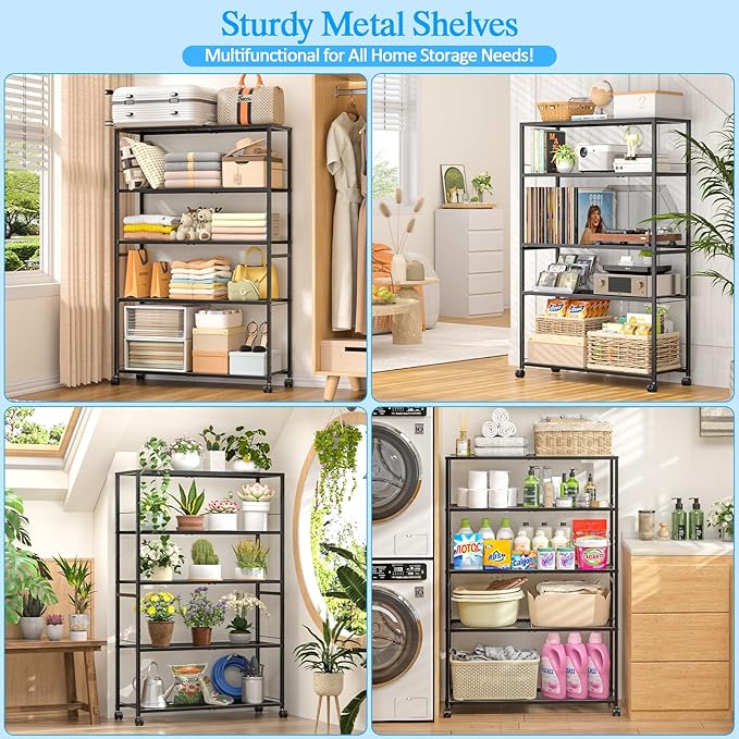 5 Tier Metal Shelving Unit, Storage Shelving with Adjustable Shelves, Extra Wide Metal Storage Rack with Wheels for Kitchen, Garage, Pantry & Closet Organizer, 32.7" L x11.8 D x 51.5" H