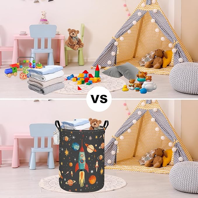 FANKANG Storage Basket, Nursery Hamper Canvas Laundry Basket Foldable with Waterproof PE Coating Large Storage Baskets for Kids Boys and Girls, Office, Bedroom, Clothes,Toys(Space rocket)