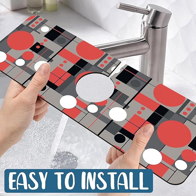 Abstract Geometric Sink Faucet Absorbing Mat Vintage Tile Super Absorbent Fast Drying Mat Sink Gadgets Behind Faucet Sinkmat for Kitchen Bathroom, 15.5"x5.5"