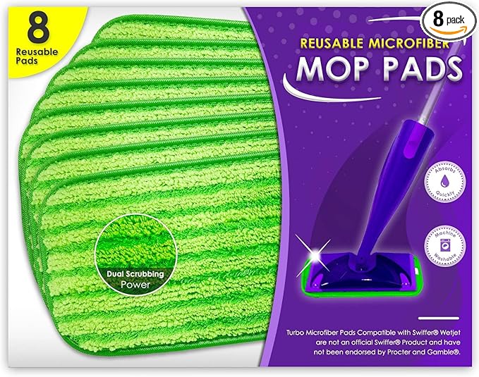 Reusable Floor Mop Pads - 8 Pack Swiffer Wet Jet Compatible Refills - Machine Washable, 12-inch Microfiber Mop Swiffer Wet Pads - Eco-Friendly Household Cleaning Supplies