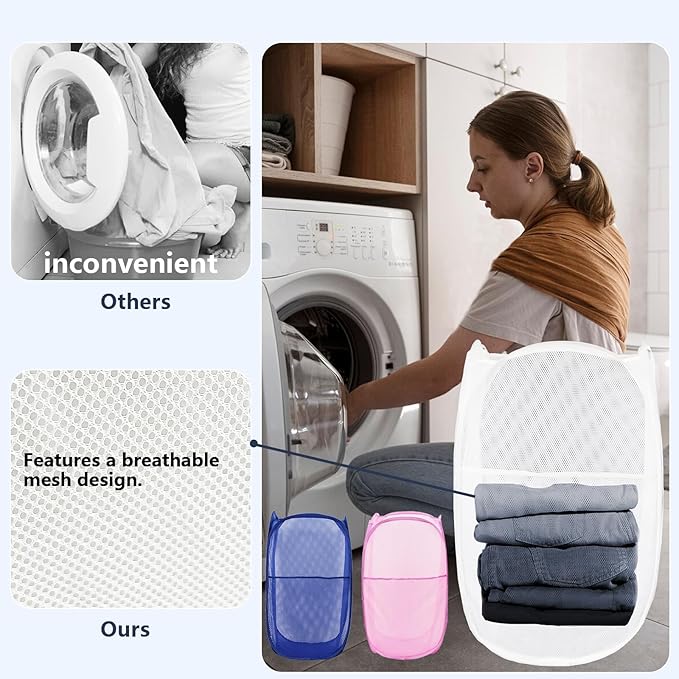 LXLOVESM Pop Up Laundry Hamper, Mesh Laundry Basket Collapsible, Foldable Hamper for Travel and Storage, 3 Pack (White+Pink+Blue)