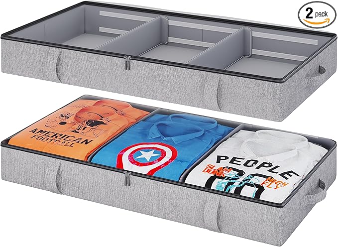 Vailando Storage Containers, 6 Inches Tall 60L Underbed Storage Bins with Dividers & Sturdy Handles & Reinforced Sidewalls, Closet Organizer for Clothes, Blankets, Seasonal Items, Dark Gray, 2-Pack