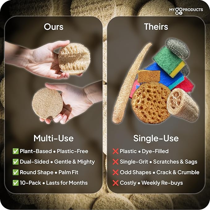 LoofaGO (10-Pack) Natural Loofah Sponges - 100% Biodegradable, Compostable & Plastic-Free, Non-Scratch Scrubbers for Kitchen, Dishes & Bath (Zero-Waste)
