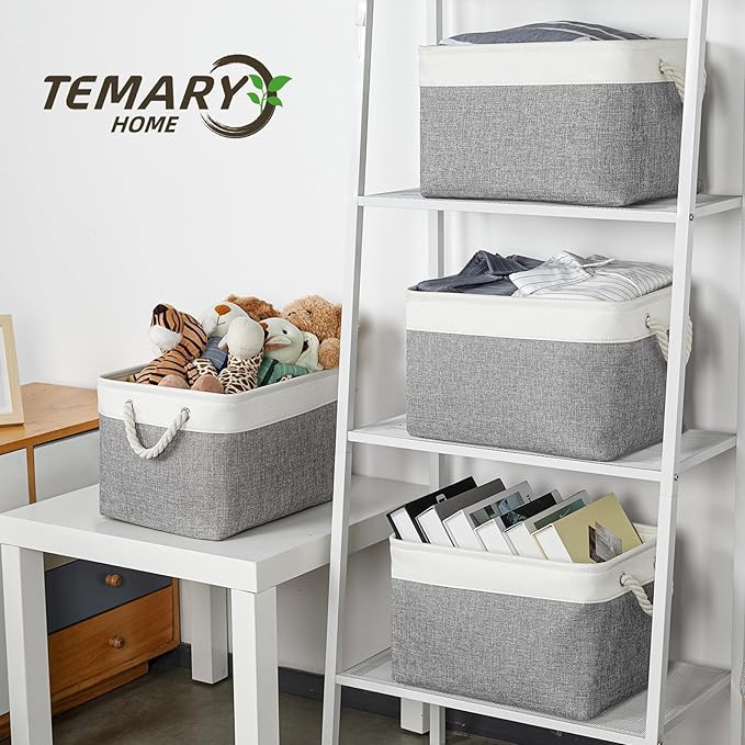 Temary Storage Baskets 4Pack Fabric Storage Bins Clothes Baskets with Rope Handle, Decorative Basket for Gift, Blankets (White&Gray,15x11x9.5 inch)