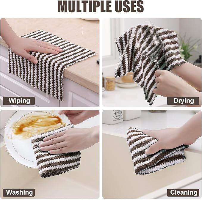 Homaxy 24 Pack Kitchen Dish Cloths, Ultra Soft and Absorbent Dish Towels, Reusable Fast Drying Microfiber Cleaning Cloth, Coral Velvet Wave Design No-lint, 10 x 10 inches, Brown