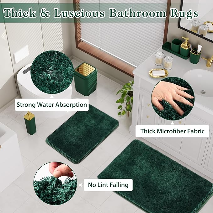 Bathroom Set - Dark Green Bathroom Sets with Shower Curtain and Rugs, 24PCS Shower Curtain Set with Hooks, Soap Dispenser, Soap Dish, Toilet Brush Holder and Trash Can for Housewarming