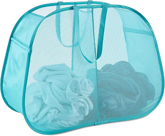 Seiritex Mesh Popup Laundry Hamper 2 Compartment, Collapsible Laundry Sorter Basket Foldable Hamper for Clothes, College Dorm, Travel (Turquoise Blue)