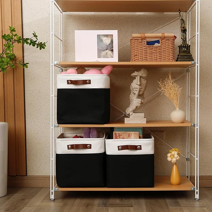 13 Inch Cube Storage Bins,Set of 4, Foldable Storage Basket with PU Handles for Organizing Home, Closet, Laundry, Office, Organizers for Shelves(White/Black)