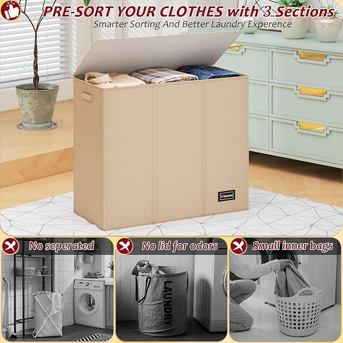 195L Laundry Hamper 3 Section,Large Laundry Hamper with Lid,Dirty Clothes Hamper with 3 Inner Bags,Collapsible Laundry Basket Organizer for Laundry Room,Bedroom,Laundry Sorter Hamper 3 Compartment