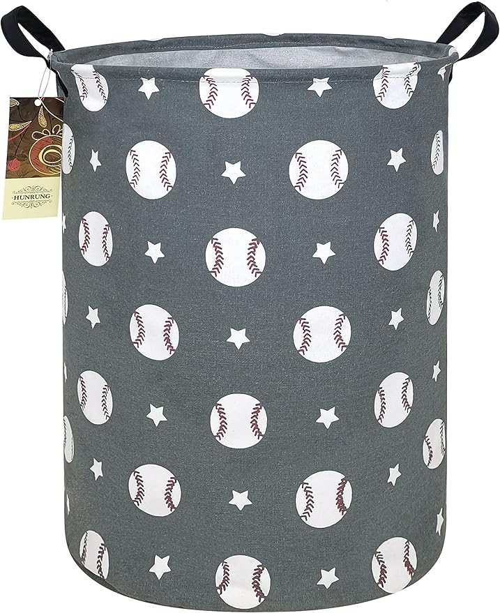 HUNRUNG Laundry Hamper,Large Canvas Fabric Lightweight Storage Basket Toy Organizer Dirty Clothes Collapsible Waterproof for College Dorms, Children Bedroom,Bathroom（Round-Grey Baseball）