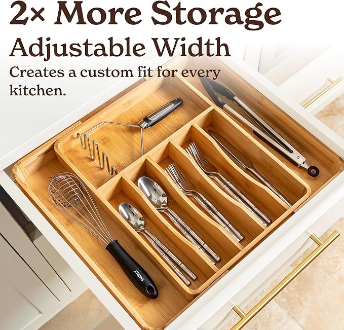 SMIRLY Silverware Drawer Organizer – Bamboo Kitchen Drawer Organizer, Adjustable Utensil Holder and Cutlery Tray, Drawer Dividers for Flatware and Kitchen Utensils | Adjustable, Drawer Dividers, Flatware, Kitchen Utensils