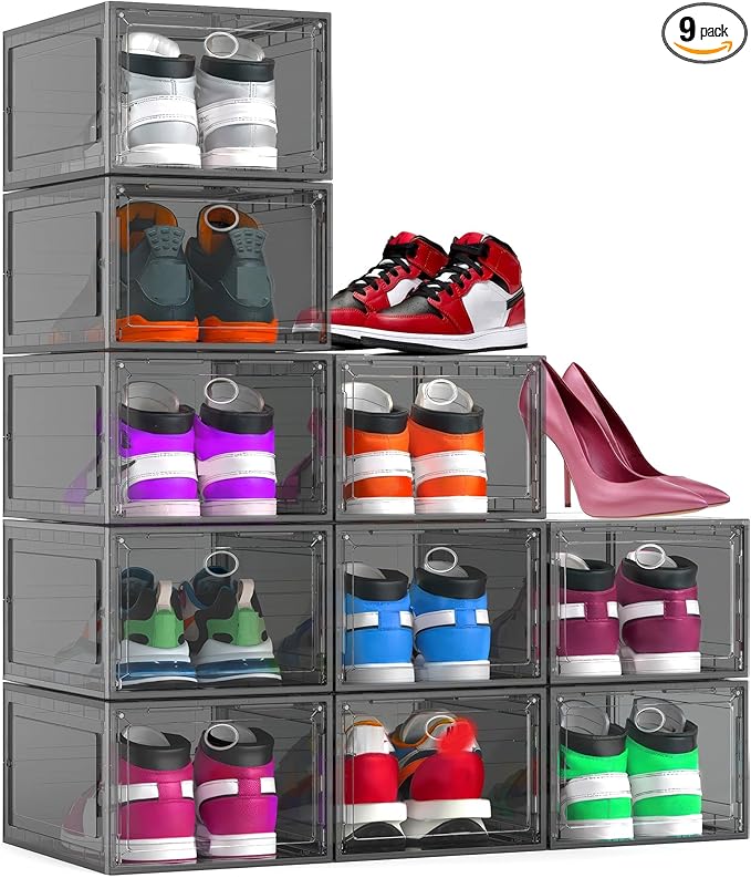 Katoora XX Large Clear Shoe Storage Box Organizer for Closet, 9 Pack Thicken Hard Plastic Stackable Shoe Sneaker Rack Display Case Container Bins Organizer, Easy Assembly, Grey