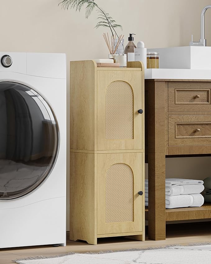 Bathroom Storage Cabinet, Small Corner Floor Cabinet with 2 Doors and Adjustable Shelf, Narrow Toilet Paper Cabinets, Bathroom Organizer for Small Spaces, 7.9" D x 9.8" W x 29.5"Rattan Yellow