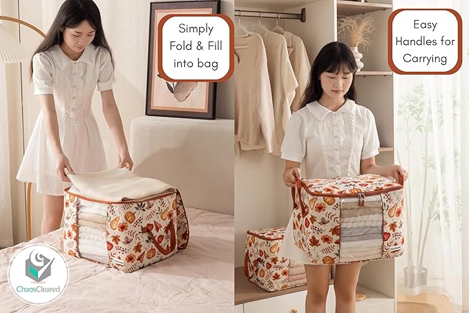 Chaos Cleared Canvas Storage Bags Designer Organizer 2 Pack – Seasonal Storage for Sweaters, Blankets, Linens & Garments – Foldable Design with Zip & Window, Moth-Proof Space Saver, Autumn Print