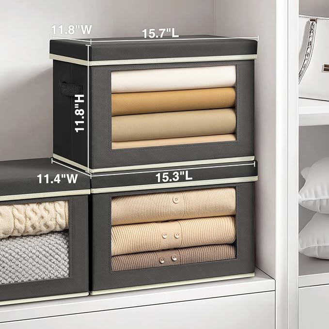 Stackable Storage Bins with Lids - Large Storage Box with Lids, Foldable Closet Boxes for Organizing, Wardrobe Clothes Organizer with Window, Cubes Bins for Living Room, 4 Pack, Dark Grey