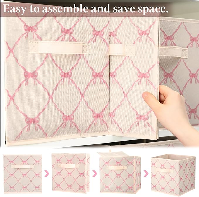 Geelin 6 Pcs Beige Bow Cube Storage Bins 13 Inch Storage Basket with Handle, Girls Organizer Basket, Collapsible Fabric Box for Classroom Bedrooms Office Home Decoration Gift