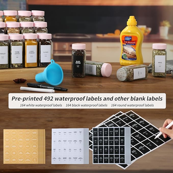 48 Glass Spice Jars with Labels,Spice Jar Set,4oz Seasoning Containers,Spice Containers with Pink Airtight Lids and Shaker Lids,Square Empty Spice Bottles, 492 Labels,1 Funnel