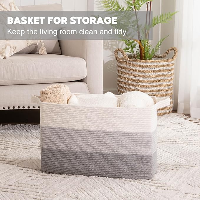 OIAHOMY Extra Large Blanket Basket, 95L Woven Storage Basket, Cotton Rope Toy Bin for Baby Room, Container for Storage in Living Room, 24''×17''×14'', Gradient Grey