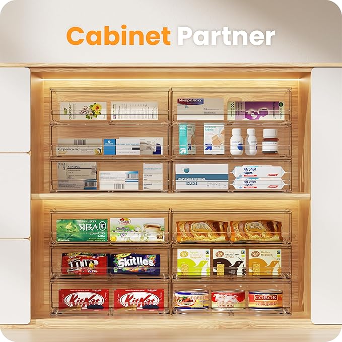 A-LuGei 【𝟰𝗣𝗖𝗦】 Acrylic Stackable Storage Drawers, 11.8" W Makeup Organizer, Bathroom Organizer and Storage, Plastic Storage Bins for Kitchen Cabinet Pantry Medicine Fridge